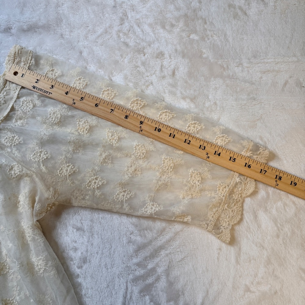 Cream Floral Lace Sheer Blouse Fairy Cottage Whimsy Square Neck Mesh Top - Picture 8 of 9